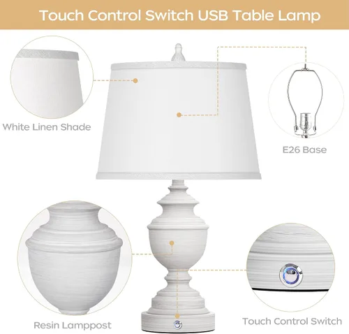 Vista 9 de Juego de 2 lámparas de mesa, lámpara moderna de mesita de noche estilo granja con puertos USB, control táctil regulable de 3 vías, lámparas de Blanco
