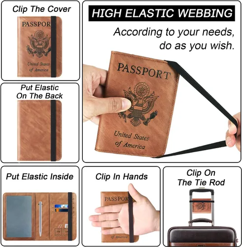Vista 4 de Portatarjetas de pasaporte y vacuna combinada, funda tipo cartera, cartera de viaje de cuero con bloqueo RFID para hombres y mujeres, Marrón