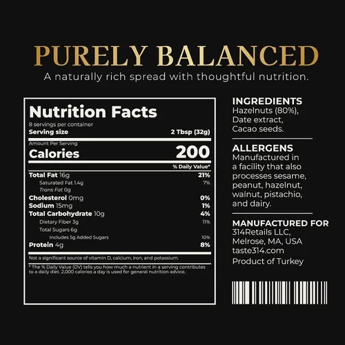 Vista 2 de 314 Hazelnut Bliss Premium Cacao Avellana para untar, 80% avellanas tostadas, endulzado con dátiles, 3 ingredientes, sin aceite de palma, 9.3 oz