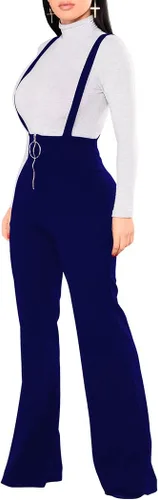 Vista 3 de Remelon Overol sin mangas para mujer, cintura alta, con cremallera frontal, acampanada, con tirantes, Azul