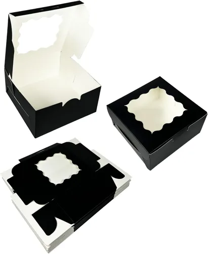 Vista 2 de Bakepacker 100 piezas de cajas de panadería negras con ventana de 6x6x3 pulgadas, gruesas y resistentes, cajas de macarrón y de repostería, cajas