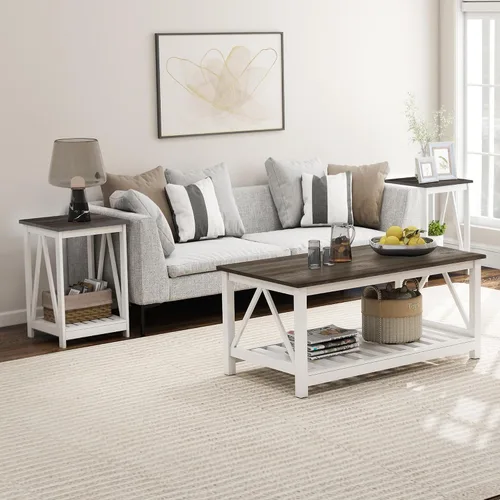 Vista 8 de Mesa auxiliar cuadrada de granja, mesa auxiliar con diseño de listones, mesa auxiliar de sofá con marco resistente para sala de estar, gris oscuro