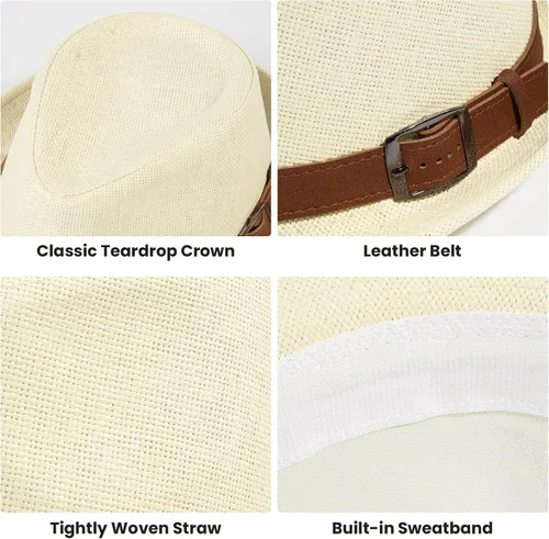 Vista 4 de Simplicity Sombrero de paja Trilby Fedora estilo Panamá con cinturón de cuero