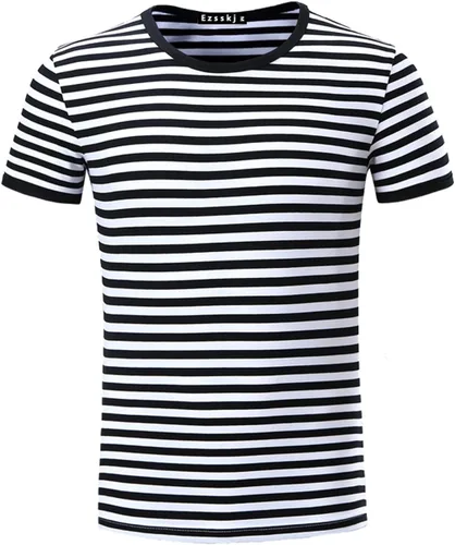 Vista 2 de Camiseta a rayas blancas y negras para hombre, manga corta, cuello redondo, camisetas novedosas, Blanco