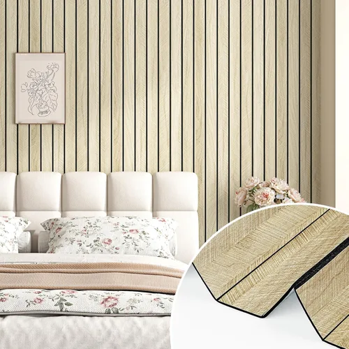 Vista 2 de Wallercity Paneles acústicos de listones de madera marrón claro para decoración elegante, reducción de ruido, paneles de grano de madera con textura