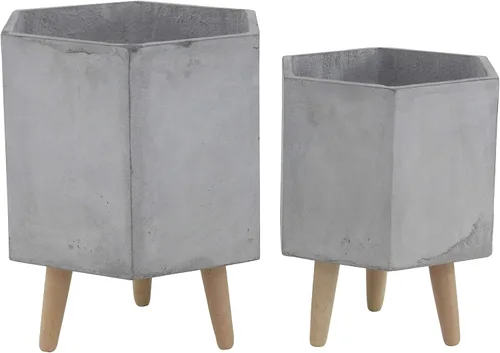 Vista 17 de CosmoLiving by Cosmopolitan - Maceta geométrica de óxido de magnesio para interiores y exteriores, maceta hexagonal grande con patas de madera