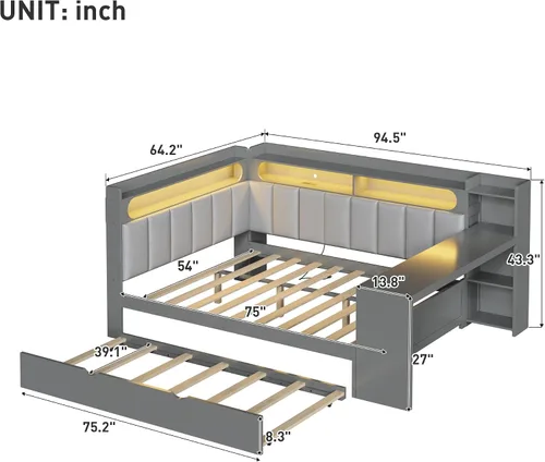 Vista 2 de SOFTSEA Sofá cama esquinera de tamaño completo con escritorio, nido y Gris Beige