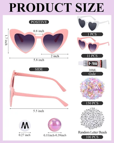 Vista 2 de 12 pares de lentes de sol de corazón de San Valentín para despedida de soltera a granel con cuentas de letras y perlas pegamento para fiesta de boda