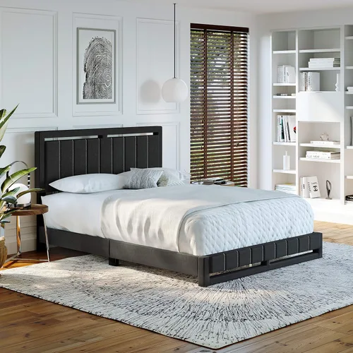 Vista 14 de Beaumont - Cama de plataforma tapizada con cabecero, base de colchón con 14 soportes de listones de madera, no requiere somier, piel sintética
