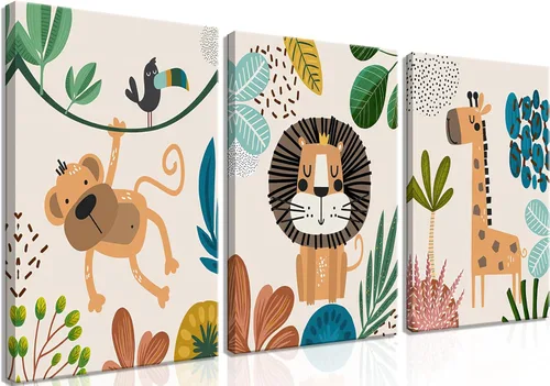Vista 11 de Juego de 3 Arte de Pared de Animales del Bosque, Lienzo de Decoración de Pared con Imágenes de Animales Salvajes para Guardería, Lindo Póster