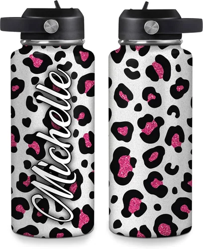 Vista 11 de Hyturtle Botella de agua personalizada de leopardo, botella de acero inoxidable aislada con tapa a prueba de fugas, 18 onzas, 32 onzas, regalo