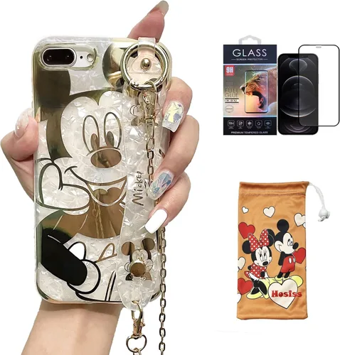 Vista 9 de Funda de dibujos animados para iPhone 7/8/SE de 4.7" con protector de pantalla HD, Mickey Mouse con correa de muñeca, soporte, cadena de metal
