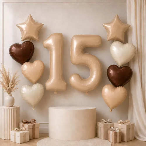 Vista 42 de Decoración de Globos Número 10 de 40 Pulgadas, Globos de Corazón Neutro de Papel de Aluminio Crema Retro Albaricoque Marrón con Globo de Helio