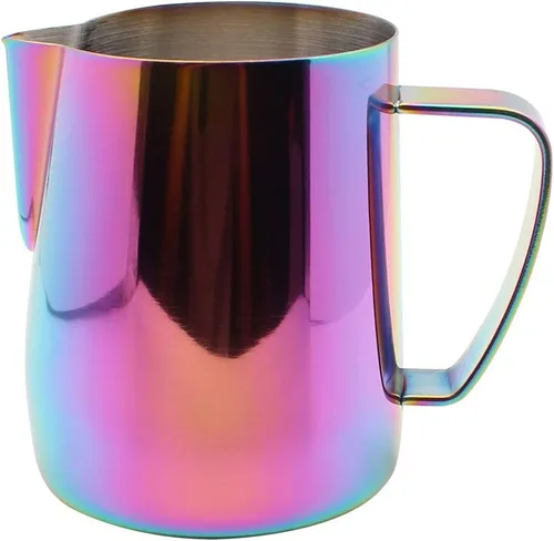 Vista 2 de Jarra de espuma de leche de acero inoxidable plateada con crema de titanio Latte Art Cup Café Latte Cappuccino Multicolor 11.8 fl oz