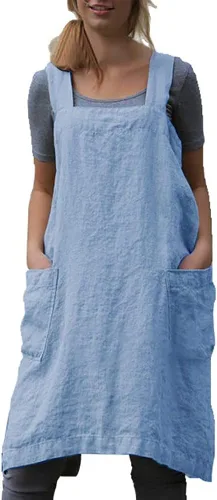 Vista 11 de Delantal Pinafore con espalda cruzada con bolsillos, delantal de lino y algodón, talla grande
