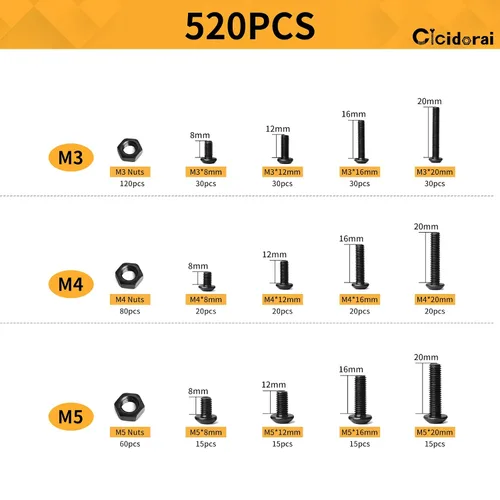 Vista 2 de Kit surtido de 520 piezas de acero de aleación M3 M4 M5 de grado 10.9, pernos, tornillos y tuercas con cabeza hexagonal y botón, juego completo