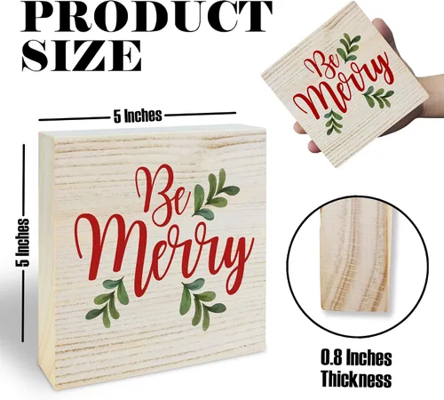 Vista 2 de Decoración de mesa de madera de Navidad de 5 pulgadas – Be Merry – Cartel de bloque de madera rústica regalo para Navidad, decoración de mostrador