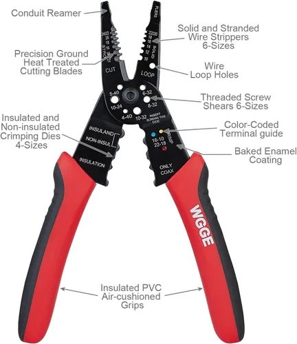 Vista 7 de WGGE WG-015 y WG-014 Pelacables profesional de 8 pulgadas - AWG 10-24, aislamiento autoajustable y pelacables y cortador WGGE WG-013 de 7 pulgadas