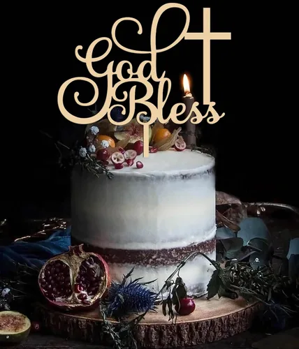 Vista 4 de Decoración para pastel con texto en inglés "God Bless", suministros de decoración de bautismo de madera para niños y niñas, accesorios para cabina