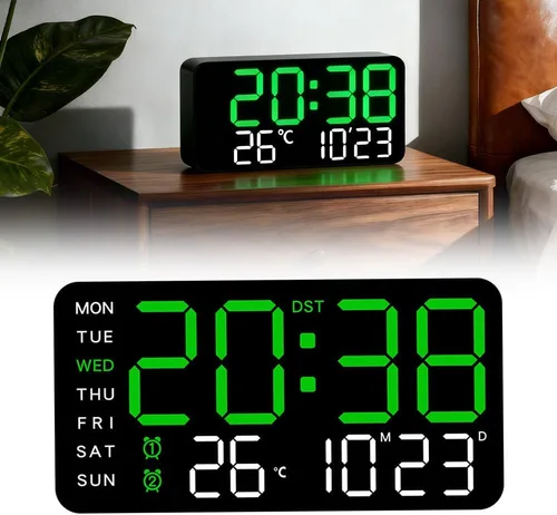 Vista 12 de Reloj de pared digital LED decorativo multifuncional, reloj digital grande que muestra la hora, fecha, temperatura, ajuste automático de brillo