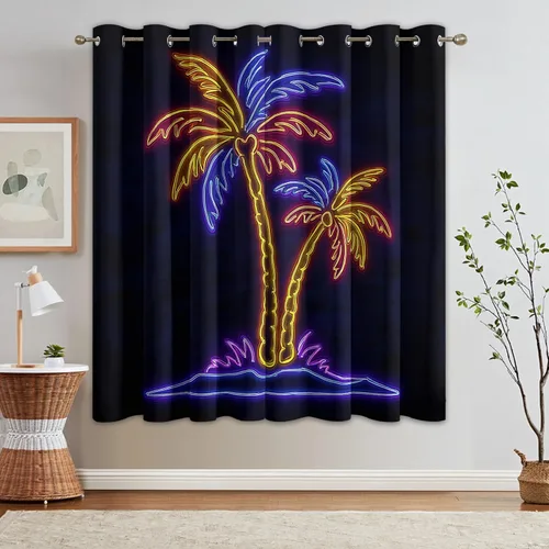 Vista 5 de Neon Palm Tree Curtains for Living Room, Synthwave Aesthetic Blackout Curtains for Bedroom, Grommet Drapes 39 Inch Length 2 Panels Set, Neon Palm