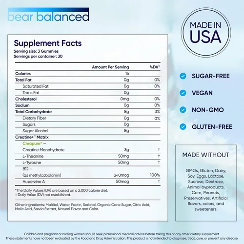 Vista 3 de Bear Balanced Gomitas de Creatina para Hombres y Mujeres - Creapure® Creatina Monohidrato, L-Teanina, L-Tirosina y B12 para el Crecimiento Muscular