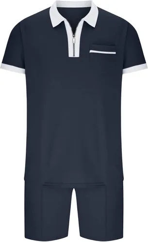 Vista 4 de Conjunto de 2 piezas para hombre con cremallera de 14, camiseta polo y pantalones cortos de verano de manga corta, pantalones cortos deportivos
