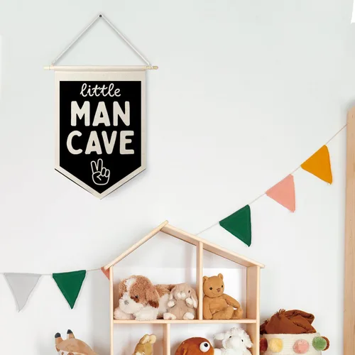 Vista 4 de Qpenm Cueva del Hombre Pequeño Bandera Colgante de Pared en Lienzo, Decoración para Habitación de Niños, Banderines Modernos en Blanco y Negro