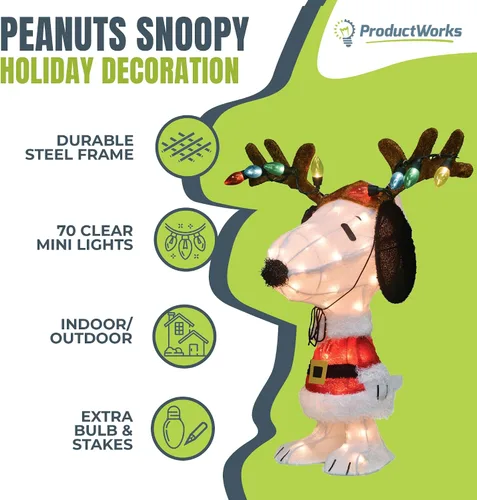 Vista 3 de ProductWorks Adorno navideño para interiores/exteriores con Snoopy de Peanuts preiluminado en abrigo de Santa y astas para patio, exhibición