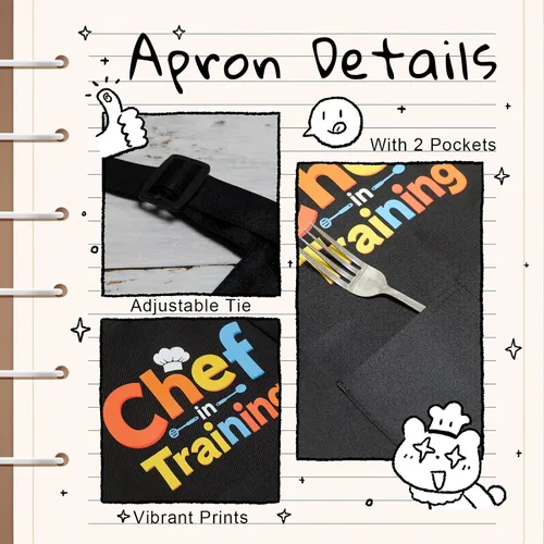 Vista 6 de Juego de Delantal y Gorro de Chef para Niños - Delantal de Cocina Ajustable para Niños con 2 Bolsillos, Negro, para Niños y Niñas de 3 a 8 Años