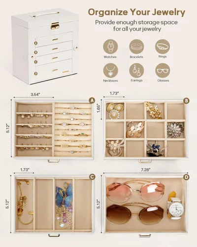 Vista 3 de Homde Joyero enorme de cuero sintético con espejo, organizador de relojes, collar, anillo y aretes, estuche de regalo con cerradura (blanco + dorado)