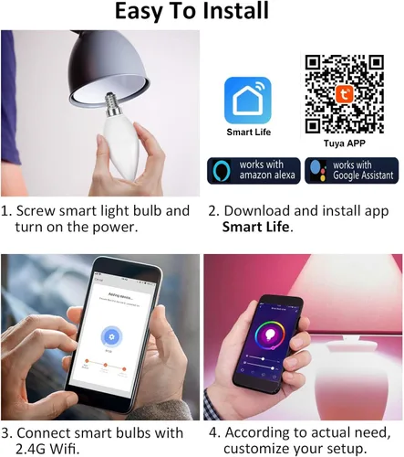 Vista 8 de Bombilla LED inteligente Vinaco E12 5W 600LM B11 RGB para Alexa y Google 4Pack,Dimmable,WiFi&Bluetooth Dual Connection,Multi Scene