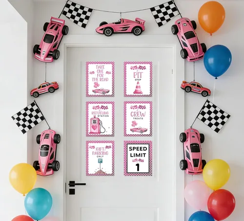 Vista 4 de Letreros de fiesta de primer cumpleaños de coche de carreras rosa, límite de velocidad, decoraciones de cumpleaños para niña, decoración rápida
