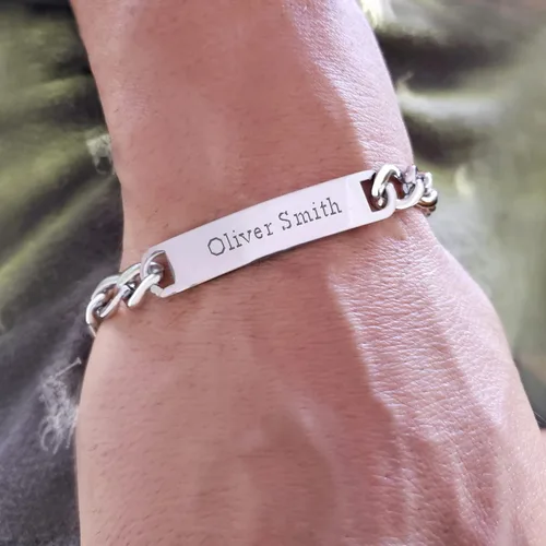 Vista 15 de LeCalla Pulsera personalizada con nombre de identificación personalizada grabada Pulsera de identificación de barra de eslabones para hombre