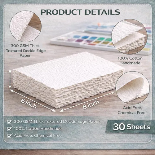 Vista 2 de 30 hojas de papel de acuarela de algodón blanco de 300 GSM, 6 x 8 pulgadas, borde texturizado con pliegues, ideal para invitaciones de boda 30