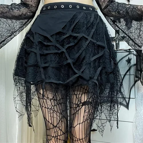Vista 4 de TOMETO STAR Faldas irregulares de malla para mujer, con cremallera de pentagrama, punk gótica, oscuridad, falda casual suelta para club