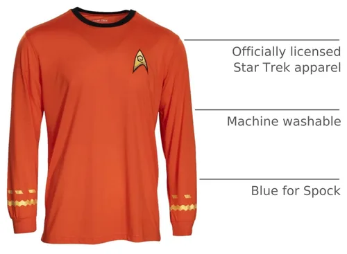 Vista 4 de Star Trek - Camiseta de manga larga para disfraz de Halloween, Capitán Kirk, Ingeniería, Cosplay Rojo