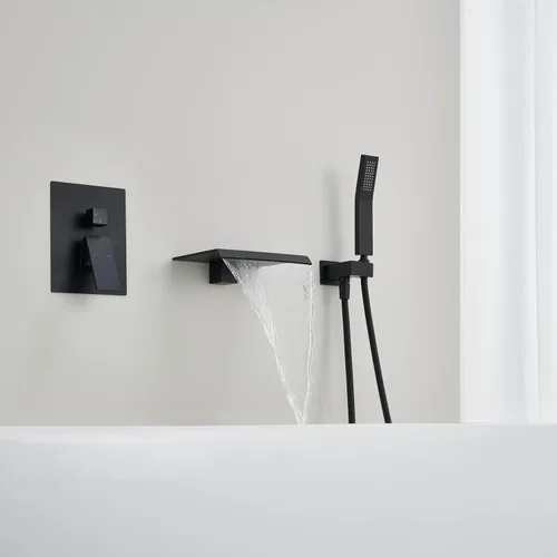 Vista 5 de Wowkk Llenador de bañera de montaje en pared, grifo de bañera en cascada, grifo de baño negro de latón con una sola manija con ducha de mano
