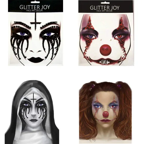 Vista 9 de Paquete de 2 calcomanías de cara de Halloween, gemas de payaso, maquillaje de monja, tatuaje de cara temporal de diamantes de imitación