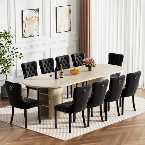 Vista 32 de Mesa de comedor redonda extensible de 94 pulgadas con base de almacenamiento, mesa de comedor expandible natural para 10, mesa de comedor de madera