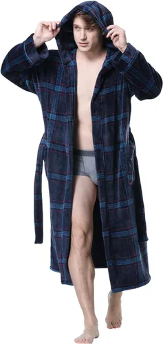 Vista 11 de KEMUSI Bata suave tipo herringbone con capucha para hombre, bata de spa de longitud completa, cómoda y cálida de noche Negro