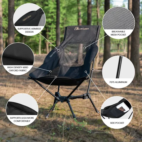 Vista 6 de MOON LENCE Silla de camping plegable de respaldo alto, silla compacta portátil de 330 libras con asiento ancho y respaldo ergonómico (negro)