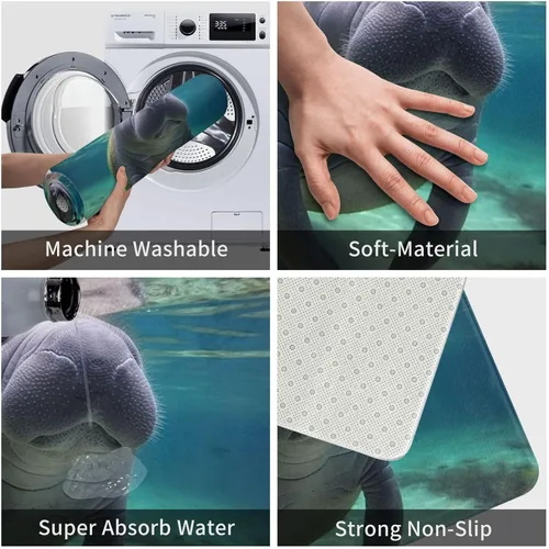 Vista 4 de Tapete para puerta delantera, bonito tapete de bienvenida con estampado de animales marinos y manatíes, absorbente, antideslizante, tapete