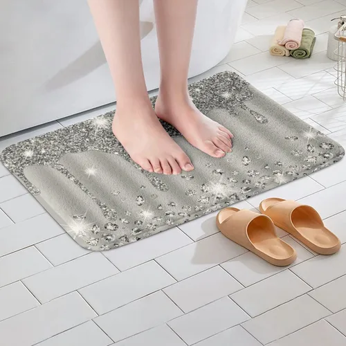 Vista 4 de Feelyou Tapete de baño antideslizante con estampado plateado con purpurina (sin purpurina), color gris, lanudo y absorbente, para piso de diamante