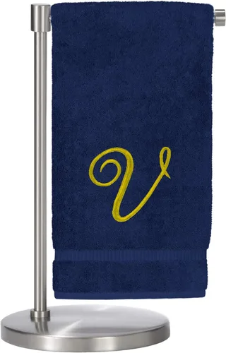 Vista 86 de Script R - Toalla de baño con monograma, regalo personalizado, 27 x 54 pulgadas, juego de 1 toalla bordada con texto dorado, 100% algodón turco Navy
