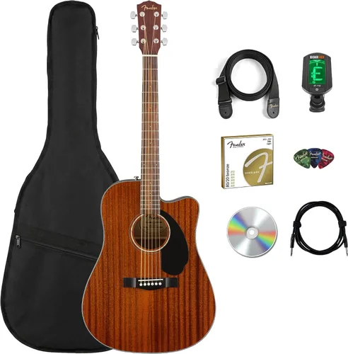 Vista 12 de Fender CD-60SCE - Guitarra electroacústica Dreadnought de tapa sólida - Paquete negro con funda, cable, afinador, correa, cuerdas, púas, DVD