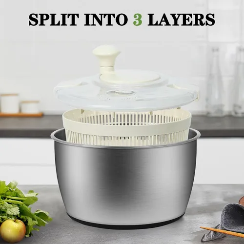 Vista 5 de Spinners de ensalada de acero inoxidable de 5 cuartos de galón, hilanderos de lechuga, hilandero de ensalada sin BPA pequeño, secadora de verduras