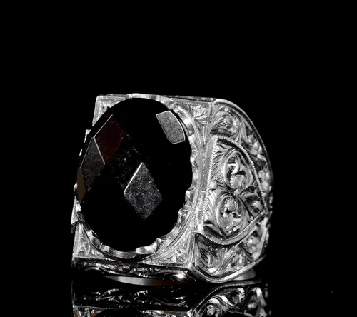 Vista 3 de 925 Sterling Silver Men's Ring with Natural Gemstone, Handmade Steel Pen Craft