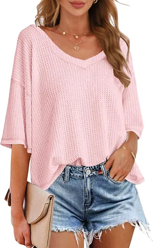 Vista 2 de MEROKEETY - Blusa de media manga con cuello en V, punto gofre y alas de murciélago para mujer, camiseta suelta de color sólido