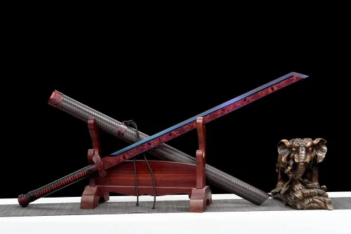 Vista 2 de Espada Katana de espiga completa de acero al manganeso, hoja púrpura y rojo